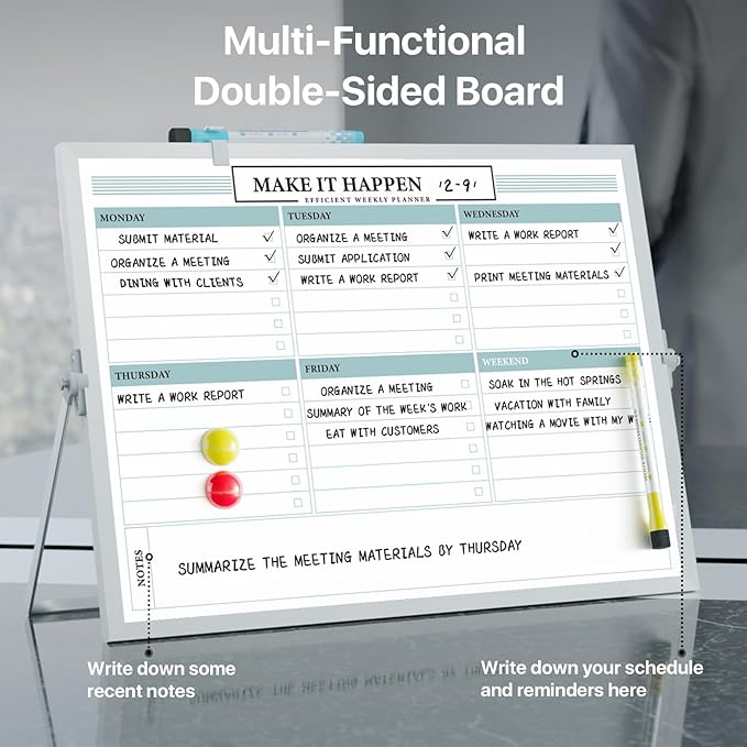 Marsrock Dry Erase White Board with Stand,Double-Sided Weekly Whiteboard 16"x12",10 Markers,6 Magnets,1 Eraser,Portable Desktop Whiteboard for Planning,Weekly Schedule Board for School for Office