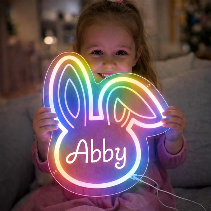 Sparklove Custom Bunny Neon Signs, Gifts for Easter, Customize LED Neon Name Sign for Teen Girl Boys Wall Room Decor, Personalized Rabbit Neon Sign Light Signs for Home Decor