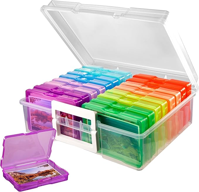 Find Scrapblooms 4×6 Photo Storage Box,Plastic photo keeper With 16 inner 4×6inch photo cases,Card Organzier Craft Storage box for pictures,stamps,seeds (Large Colorful)