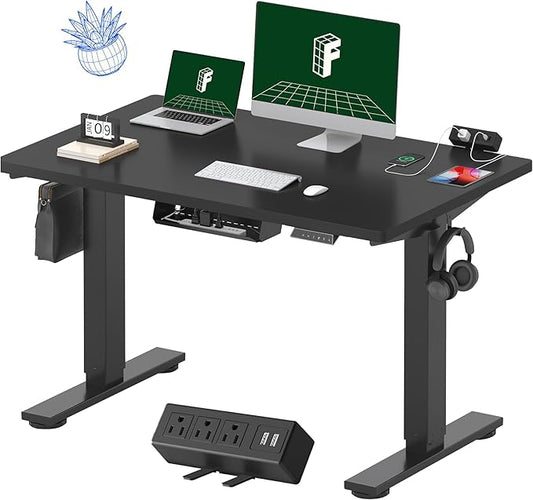 FLEXISPOT EN2 Whole-Piece Standing Desk with Clamp Power Strip, 48x30 Electric Stand Up Height Adjustable Desk with Cable Management (Black Frame + Black Top, 2 Packages)