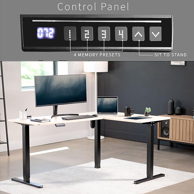 VIVO Electric Corner 63 x 47 inch L-Shaped Standing Desk, Memory Height Adjustment, Light Wood Top Black Frame, DESK-E3CTC-47