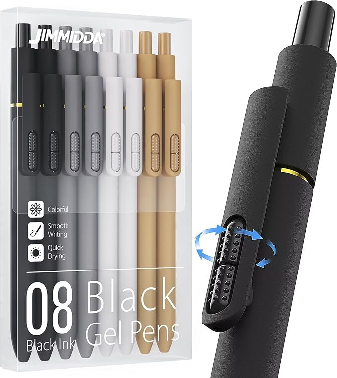 JIMMIDDA 8Pcs Black Gel Pens - 0.7mm Medium Point Black Ink Pens | Smooth Writing - Quick Drying Retractable Pen for Men Women (Classic - 8Pcs)