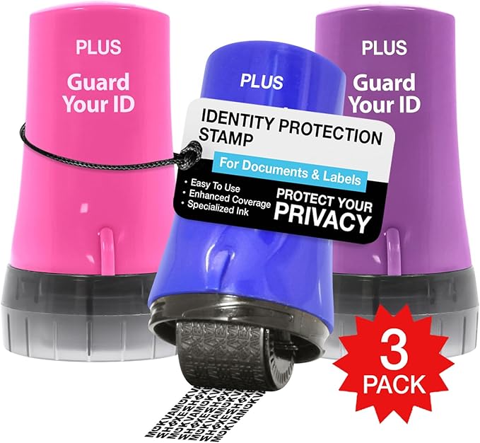 ID Roller 3-Pack - Advanced 2.0 Theft Protection Stamping by Guard Your ID Identity Prevention (Mixed Color: Blue, Pink, Purple)