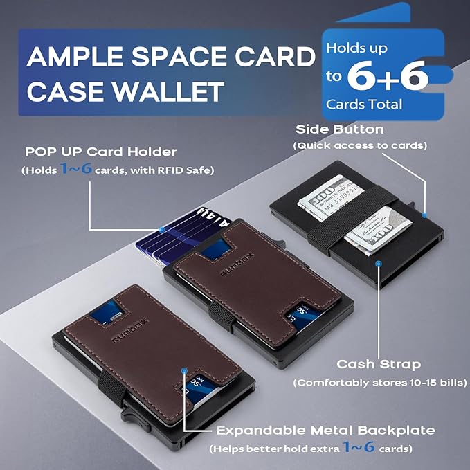 RUNBOX Slim Card Holder Wallet for Men, Minimalist RFID Blocking Wallet with Pop-Up Function, Ultra-Thin Design, Metal Business Card Cases holds 6+6 Cards, Gifts for Men, Men's Accessories