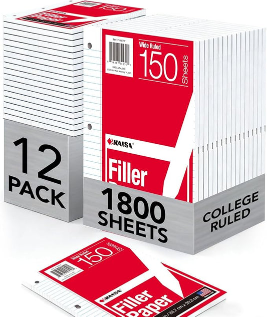 Kaisa loose Leaf Paper Filler Paper 150 Sheets 8"x10.5",Wide Ruled, 3-Hole Punched for 3-Ring Binders, Carton of 12pack