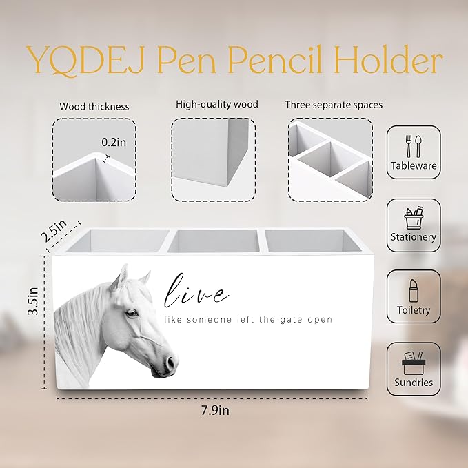 YQDEJ Inspirational Horse Pen Holder for Desk Accessories, Live Like Someone Left the Gate Open Motivational Wooden Box Sign Desk Pencil Holder Organizer for Home Office Decoration, Horse Lover Gifts