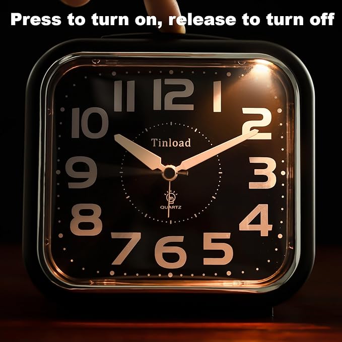 Tinload 5.5" Large Analog Alarm Clock Silent Non Ticking, Gentle Wake, Beep Sounds, Increasing Volume, Battery Operated Snooze and Manual Light, Easy Set, Black (Best for Elder)