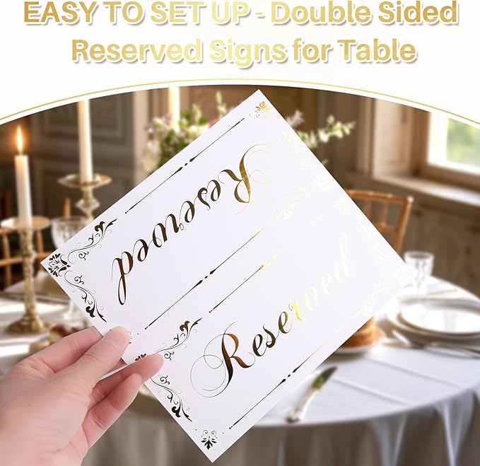 6 Pack Reserved Table Signs White Reserved Table Tent Card with Gold Foil Design for Wedding Party Restaurant - Double Sided Reserved Sign Table Tent Place Cards for Event