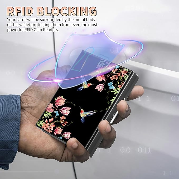 BWEGRHE Slim Credit Card Holder, Hummingbird Floral Sakura RFID Blocking Metal Wallet for Men & Women, Aluminum Minimalist Hard Case Pocket-Sized Business Cards Organizer (Fits Up to 10 Cards)