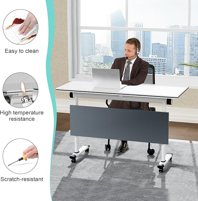 Conference Table,55.1''Folding Conference Room Table for 4-12 People,Mobile Flip Top MeetingTraining Table with Different Coulor and Styles for Offices, Classrooms,Meeting Room (4, 61''B)