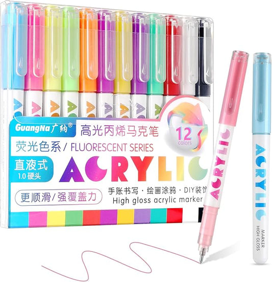 kander Acrylic Gel Pens, 12 Colors Highlighter Acrylic Gel Ink Pens with Bullet Tip,Strong Coverage, Large Ink Capacity, Multi-Purpose Paint Pens for Rock Painting, Crafts, DIY, Art Supplies