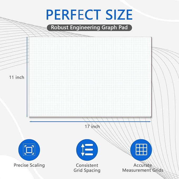 Large Engineering Graph Paper Pad - 60 Sheets/120 Pages, 17" x 11" Quadrille Grid Paper for Drafting, Engineering, Blueprint Drawing, Architect Designers, 4"x4" Blue Grid Paper, Giant Drafting Pad