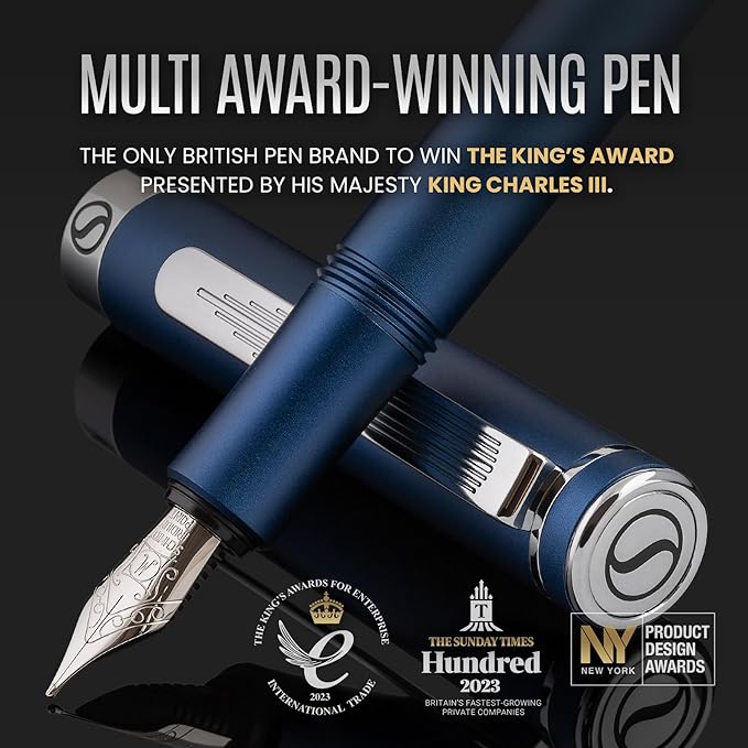 Scriveiner Luxury EDC Fountain Pen (Fine), Stunning Matt Blue Pocket Pen, Chrome Finish, Schmidt German Nib, Converter, Best Writing Pen Gift Set for Men & Women, Nice Fancy Office Designer Pen