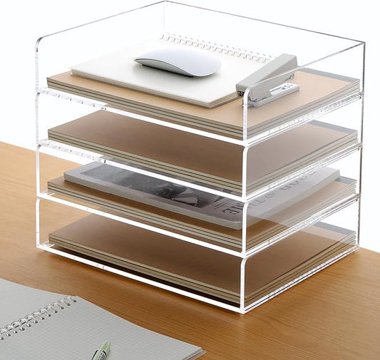 Acrylic Paper Tray, 4 Tier Paper Organizer for Desk, Clear Acrylic Desk Organizers, Stackable Letter Tray Workspace oaganzier -Art Storage for School Classroom -4 Pack…