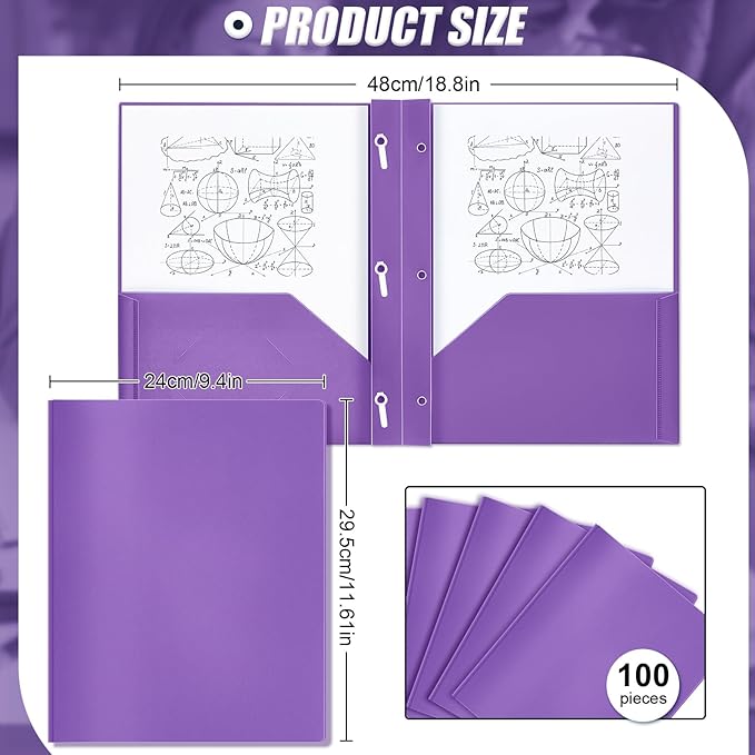 Lincia 100 Pcs Plastic Folders with Pockets and Prong Folders with Prongs 2 Pockets for Office, School for Students, Teachers, Office Workers(Purple)