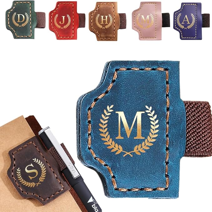 Personalized Mark Bookmark with Pen Holder, Leather Magnetic Book Marker 26 Letters,Custom Initials Page Marks, Gifts for Book Lovers Readers Men Women (Blue, M)