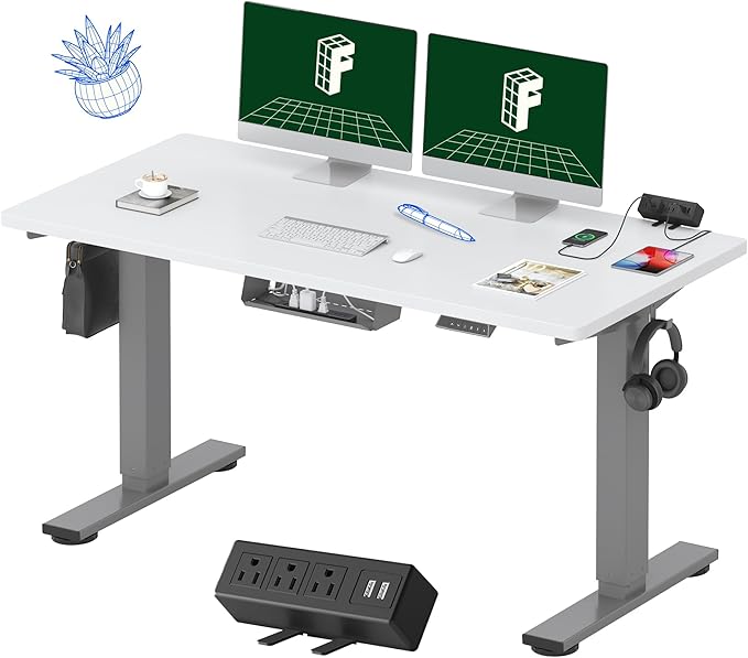 FLEXISPOT EN2 Whole-Piece Standing Desk with Clamp Power Strip, 55 x 28 Electric Stand Up Height Adjustable Desk with Cable Management (Gray Frame + 55" White Top, 2 Packages)