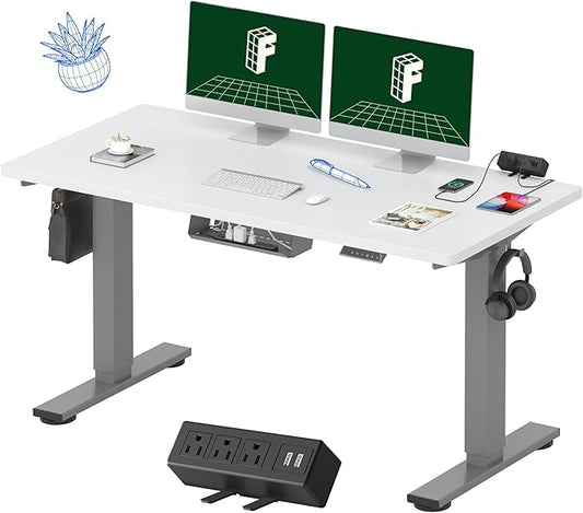 FLEXISPOT EN2 Whole-Piece Standing Desk with Clamp Power Strip, 55 x 28 Electric Stand Up Height Adjustable Desk with Cable Management (Gray Frame + 55" White Top, 2 Packages)