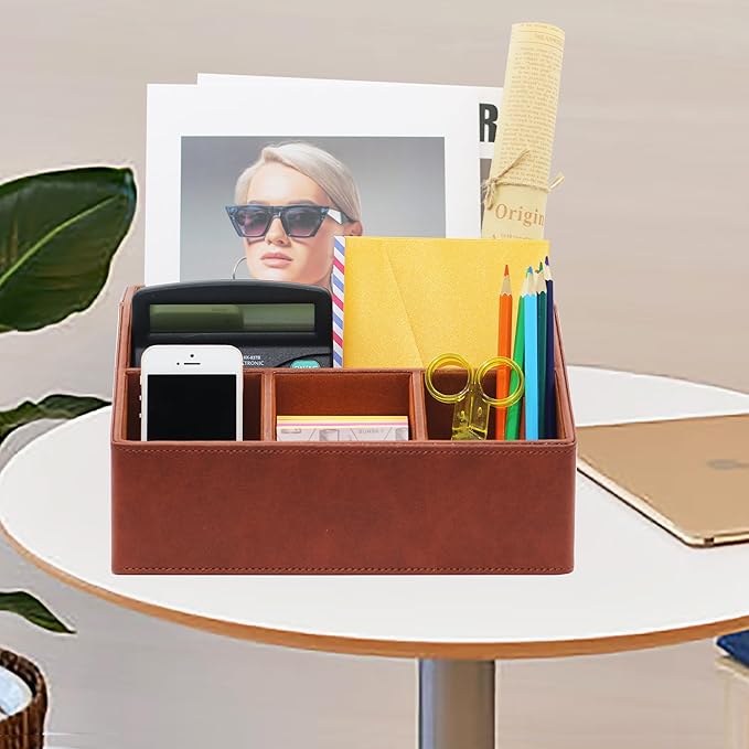 Boershun Desk Organizer, Mail Organizer Countertop, Bills Organizer, Mail Sorters, Magazine Holder, Desk Organizer and Accessories for Office Supplies, Brown Leather