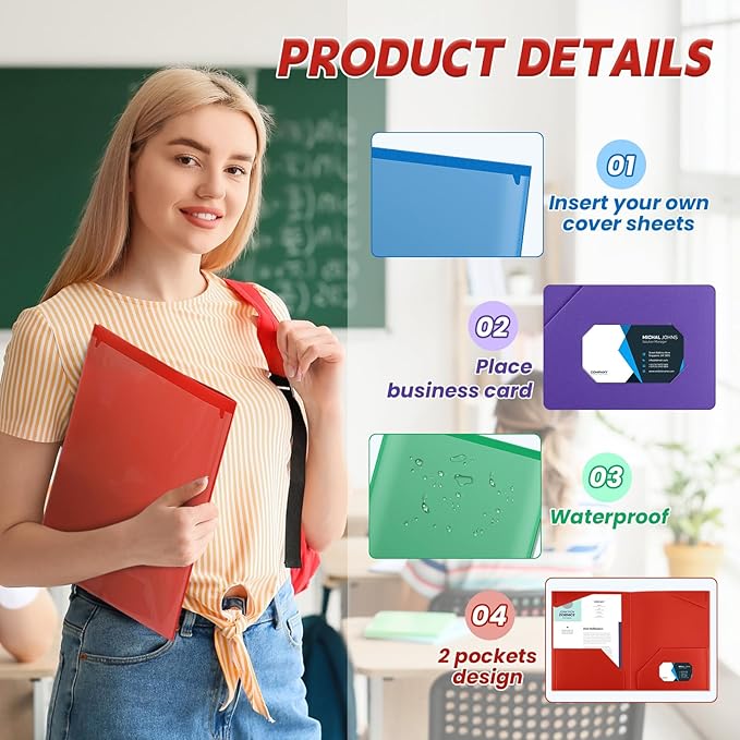 Henoyso 12 Pcs Plastic Folders with Clear Front Pockets Heavy Duty File Folders with 2 Pockets and Card Slot for Student Communication School Office Presentation Report (Colorful)