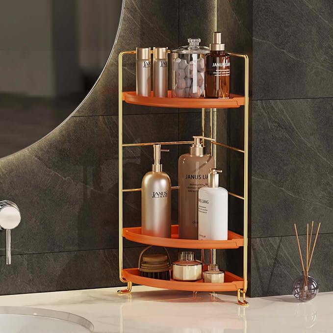 JANUS LiANG 3-Tier Corner Bathroom Organizer Countertop for Storage，Counter Tray and Vanity Organizer，Plastic Counter Organizer for Kitchen, Bathroom, Dresser 10.6 inches (Gold Orange)