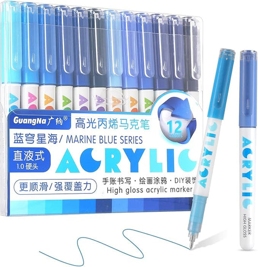 kander Acrylic Gel Pens, 12 Colors Highlighter Acrylic Gel Ink Pens with Bullet Tip,Strong Coverage, Large Ink Capacity, Multi-Purpose Paint Pens for Rock Painting, Crafts, DIY, Art Supplies