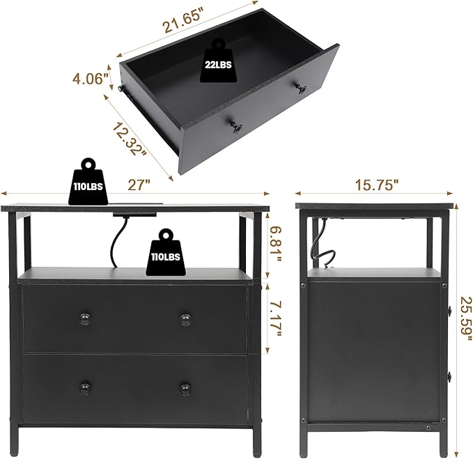 Edbuosy 27 inch Wide Night Stand with Charging Station, Bedside Table with Open Shelf, 2 Drawers Small Wood Dresser, Modern Wood Nightstand for Bedroom/Living Room (Black)