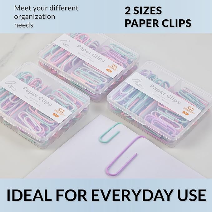 NEEWAY Colorful Paper Clips Assorted Sizes, Small and Large Paperclips, 210 Count, 3 Pack of 70 (Light Multicolor)