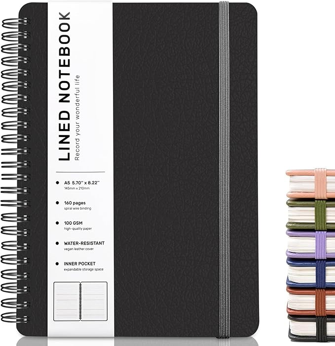 ABERLLS Black Lined Spiral Journal Notebook with 160 Pages, 8×5.7in, A5 Spiral Notebooks, Journaling Notebooks for Work, School, Women, Men, College Ruled Notebook, Hardcover Leather Journals