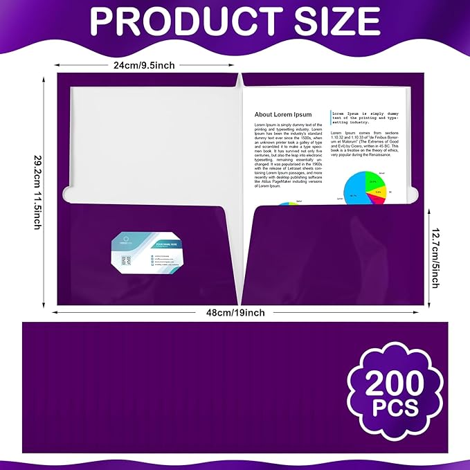 Yeaqee 200 Pack 2 Pockets Glossy Laminated Paper Folder First Day of School Presentation Folder Letter Size Two Pocket File Portfolio Holder Back to School Items Bulk for Teacher Office (Purple)