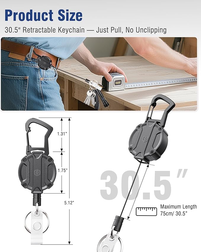 Autonomier 1Pack Heavy Duty Retractable Keychain, Unbreakable Embedded Body with 30.5" Dyneema Cord, Tactical ID Badge Holder Reel Carabiner Clip with Secure Magnetic Closure for Men, Holds 25oz
