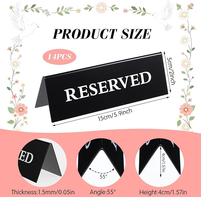 14 Pcs Reserved Table Signs, Black Reserved Signs Reserved Seating Signs, Reserved Table Signs Acrylic Reserved Table Tent Signs, Reservation Seat Signs for Wedding Restaurant Office Meeting Chairs