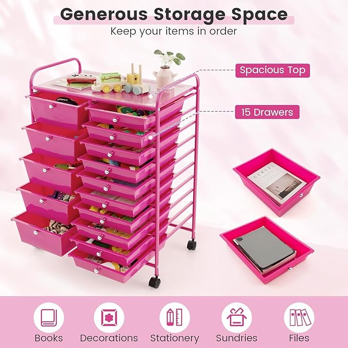 LDAILY 15 Drawer Rolling Storage Cart, Rolling Cart with Drawers for Classroom, Art Supply Craft Organizer on Wheel with Metal Frame & Handles for Home Office School