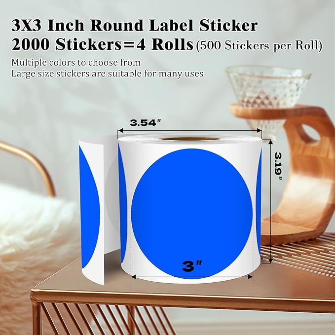 3 Inch Round Colored Dot Stickers, 2000 PCS, 4 Rolls in Dispenser Box - Blue Circle Color Coding Labels Dot Labels for Office, Home, Inventory Organizing