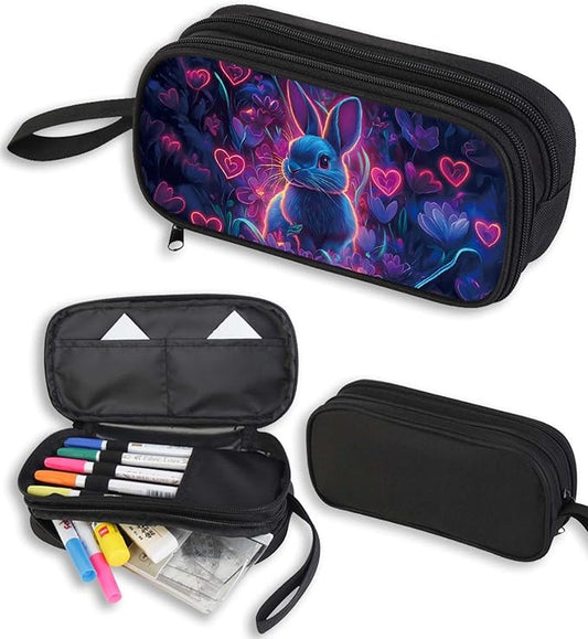 AnySmic Bunny Pencil Case for Boys Girls, Large Durable Pencil Pouch for Kids, Big Capacity Pen Case with 2 Compartments, Double Zipper, Pen Bag Organizer for Child Age 6+