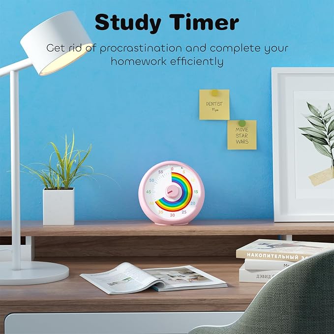 Visual Timer for Kids, 60-Minute Countdown Timer for Classroom Office Kitchen, Desk Timer Kids Time Management Tools with Silent Operation, Pomodoro Time Rainbow Pattern (Pink)