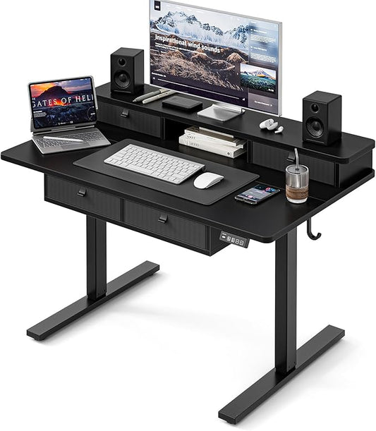 Grandder 47 x 28 inch Electric Standing Desk with 4 Drawers, Sit Stand Up Desk Adjustable Height with Storage Shelf for Home Office Ergonomic Adjustable Desk with Splice Board, Black