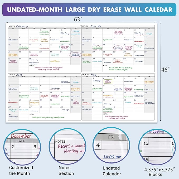 Dry Erase Four Month Laminated Jumbo Wall Calendar, 46" x 63", Huge Quarterly Laminated Erasable White Board, Giant 120 Day Family Whiteboard Schedule Planner, Large Multi Month Reusable Poster