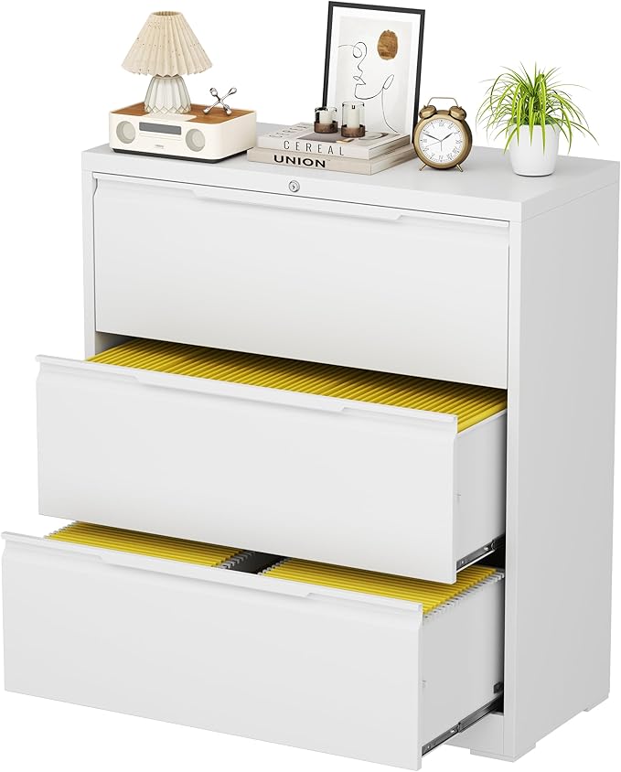 LONGLINK 3 Drawer Lateral File Cabinets with Lock,Metal Filing Cabinet for Home Office,Wide Office Storage Cabinet with Hanging Bars for A4 Legal/Letter Size(White-Easy Assembly)