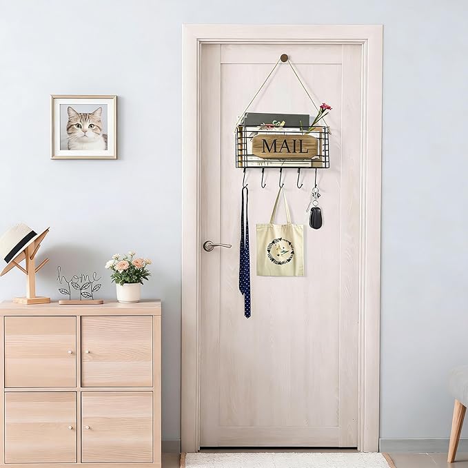 SRIWATANA Mail Organizer Wall Mount, Rustic Mail Holder Key Holder for Wall with Hooks, Small Size, Carbonized Black
