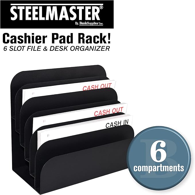 BankSupplies STEELMASTER 6 Slot File & Desk Organizer - Paper Organizer - Black Powder Coat Finish - Scratch & Chip-Resistant - Forms, Applications, Deposit Slips & Checks
