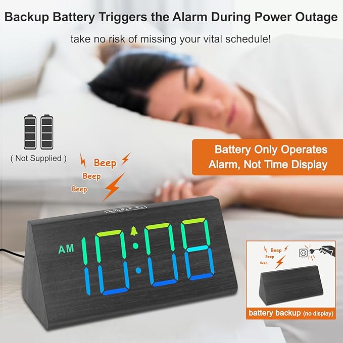 DreamSky Wooden Digital Alarm Clock for Bedroom - RGB Electric Desk Clock with Large Numbers, USB Port, Loud Alarm for Heavy Sleepers, Dimmer and Volume Control, Snooze, Wood Décor (Adapter Powered)