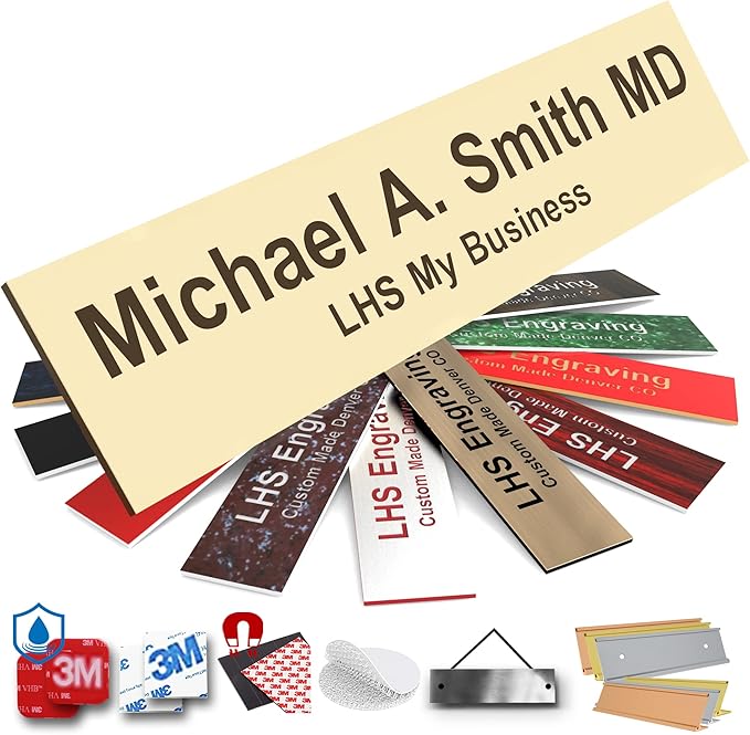 Engraved Name Plates for Door Sign Personalized Ivory Plastic Plaque with Brown Letters - Made in USA 2x4 B5