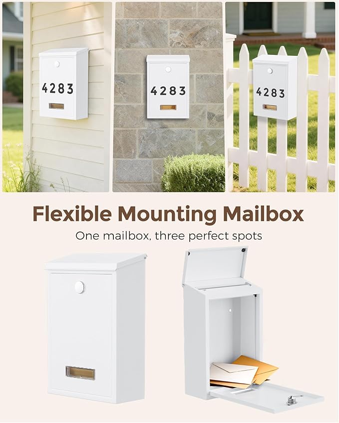 LAND·VOI Locking Wall-Mount Mailbox for Outside, with 4 Keys, Galvanized Steel Rustproof Metal Postbox, 3.1" Dx7.5 Wx10.8 H, Includes 3 Sets of Mailbox Numbers, Nameplate,White