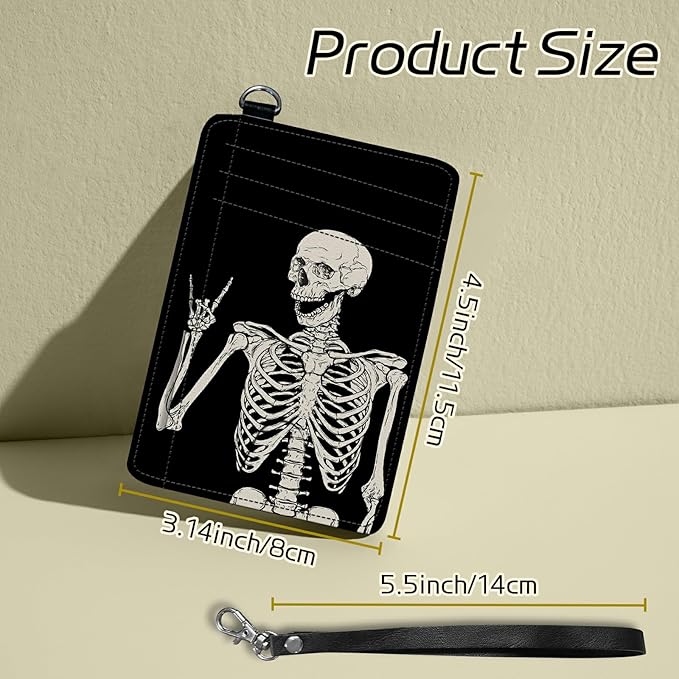 BWEGRHE Small Travel Wallets, Skull Skeleton Slim Minimalist Front Pocket Wallet with Wristlet, RFID Blocking PU Leather Credit Card Holder with ID Window Change Purse for Men Women