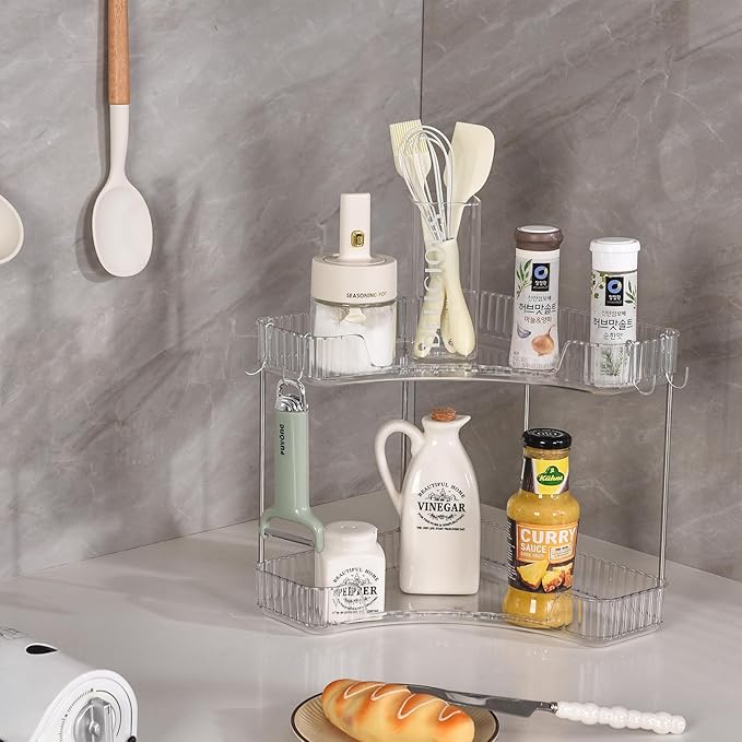 Trdongxu 2-Tier Corner Bathroom Organizer Countertop with Hooks, Bathroom Sink Corner Vanity Storage for Makeup, Skincare and Perfume (White Silver)
