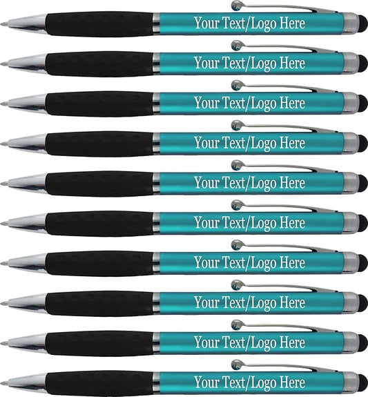 SyPen Personalized Pens With your Custom Logo or Text-300 Pack Bulk-for Businesses, Parties, and Events, 2 in 1 Ballpoint Pen & Stylus for Touchscreen Devices, L'Blue Barrel, Black Ink