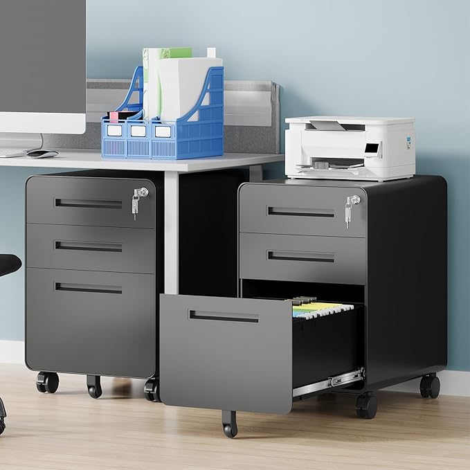 AFAIF 3 Drawer File Cabinet, Fully Assembled Mobile File Cabinets with Lock for Home Office, Metal Rolling Filing Caninet on Wheels, Three Drawer Under Desk Cabnet for Letter/Legal / A4 - Black