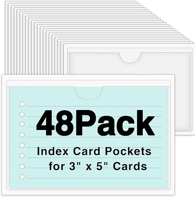 48 Pack 3" x 5" Index Card Holder Adhesive Plastic Label Holders Clear Tote Bag Labels Stickers for Organizing Storage Bins Library Card Shelves
