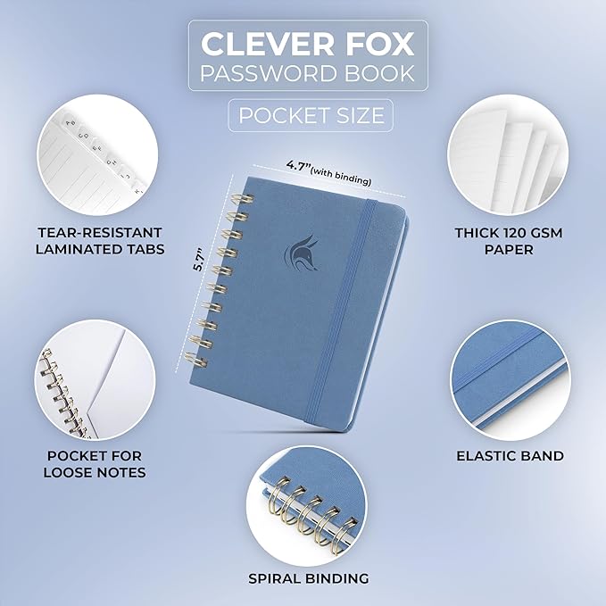 Clever Fox Password Book Spiral – Mini Internet Address & Password Organizer with Laminated Alphabetical Tabs – Small Password Keeper Journal – Hardcover, Pocket Size, 4.7x5.7” (Smoke Blue)